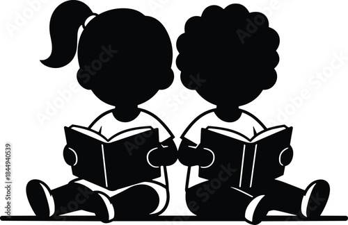 Children reading books silhouette, kids studying together illustration, education learning concept, black vector icon isolated, childhood literacy design, background, art