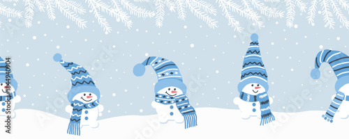 Baby Snowmen Have Fun in Winter Holidays. Seamless Border. Christmas Background. Cute Snowmen in Blue Winter Hats, Scarves under Fir Tree Branches, Snow. Greeting Card Template. Vector on Light Blue