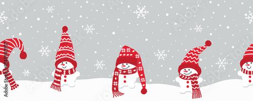 Baby Snowmen Have Fun in Winter Holidays. Seamless Border. Christmas Background. Cute Snowmen in Red Winter Hats, Scarves under Snow. Greeting Card Template. Vector on Gray Background