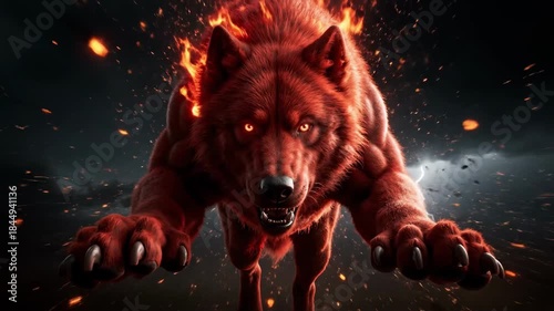 Furious fire wolf running with glowing eyes and flying sparks in a dark stormy night