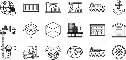 Financial Investment, Risk Management, and Digital Banking Line Icons Set, Including Money Flow, Data Security, Global Transaction, and Cloud Sync in Outline Style, Isolated.
