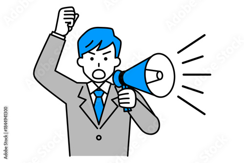 拡声器で抗議するスーツの男性