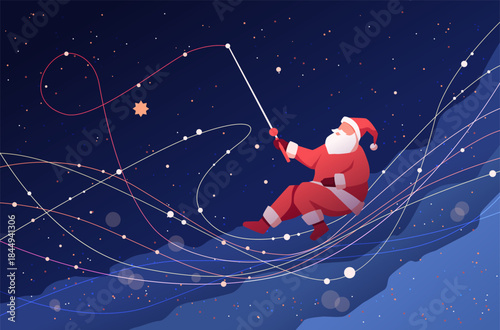 Santa fishing for star Christmas night sky abstract cosmic lines festive celebration dark blue background