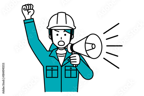 拡声器で抗議する現場作業員の女性