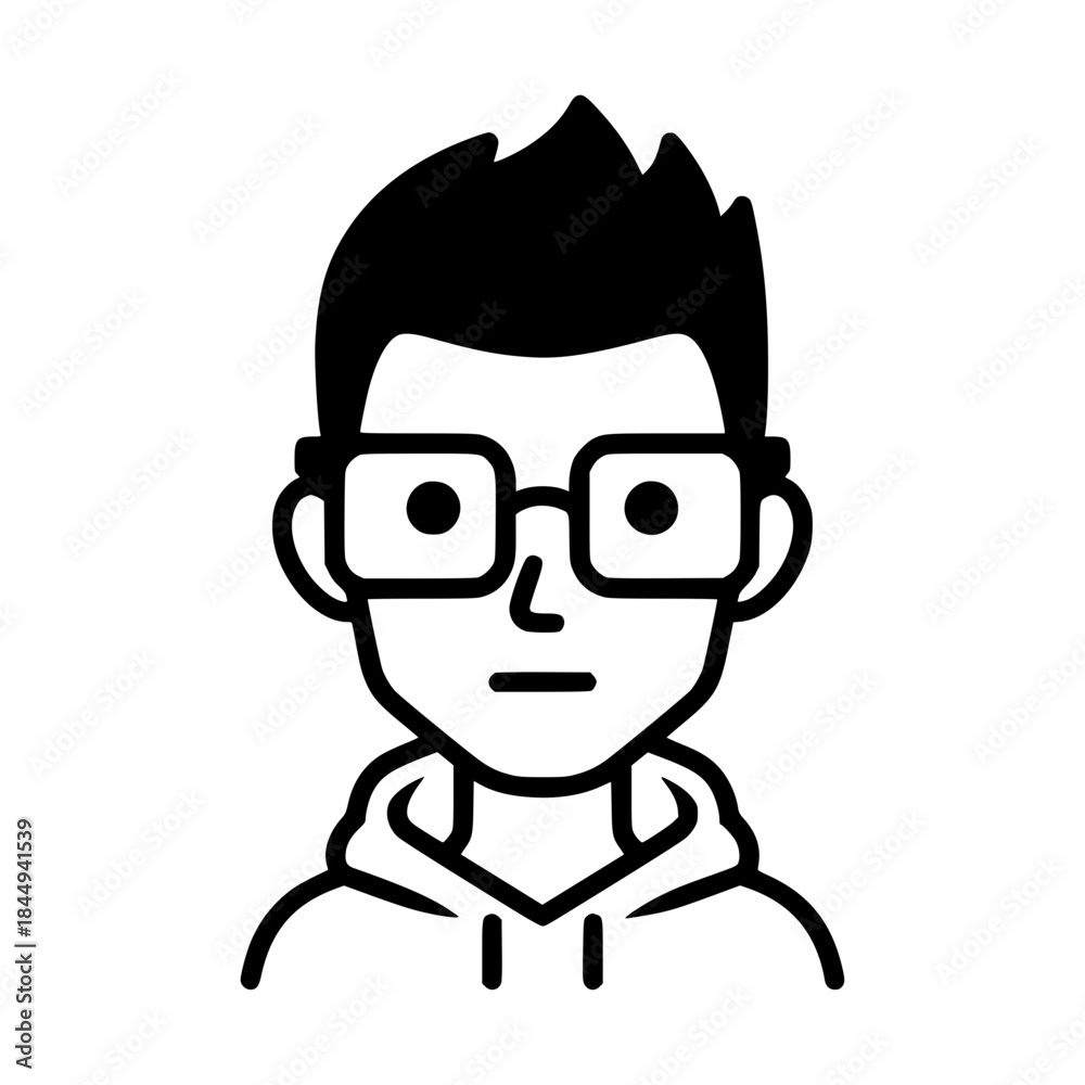 Fototapeta premium Young Man Avatar Icon with Glasses and Hoodie Line Art.