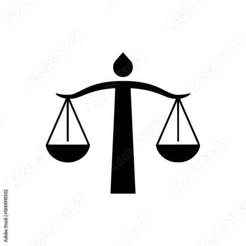 Vector illustration of a balanced scales of justice silhouette, symbolizing law, honesty, human rights, and equality in a clean graphic design.