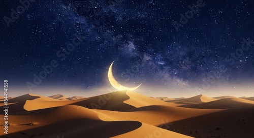 Fototapeta Naklejka Na Ścianę i Meble -  Serene desert landscape under a starlit sky with a glowing crescent moon above the dunes