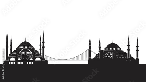 Striking vector silhouette of the iconic Istanbul city skyline, featuring grand domed mosques, elegant minarets, and a connecting suspension bridge, rendered in minimalist monochrome