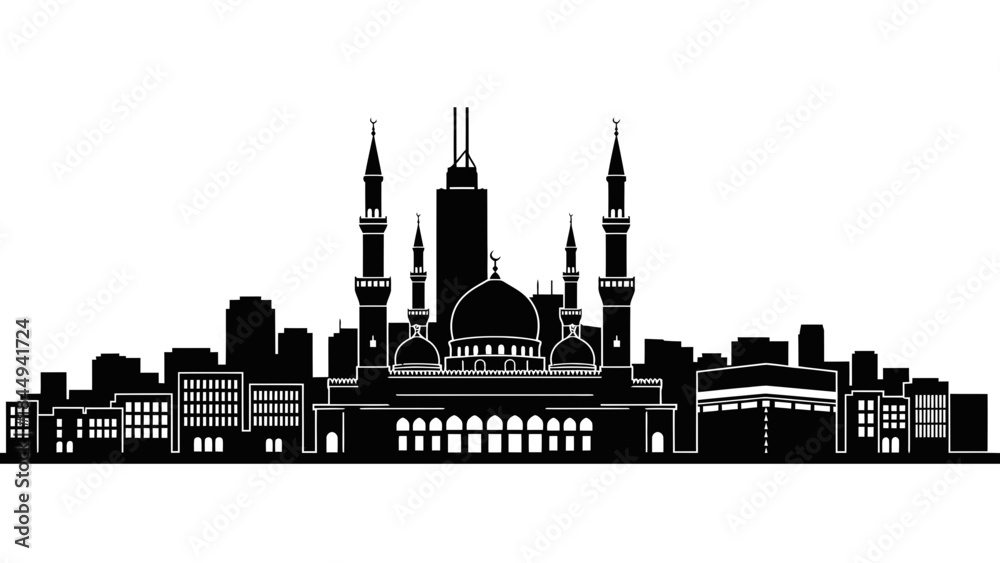 Obraz premium Illustrative city skyline silhouette of the Grand Mosque in Mecca, Saudi Arabia, featuring iconic Islamic architecture and skyscrapers
