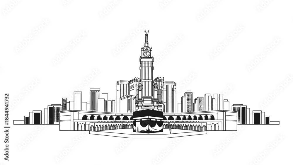 Obraz premium Striking city skyline of Mecca, Saudi Arabia, featuring the iconic Kaaba and modern architecture, a serene depiction