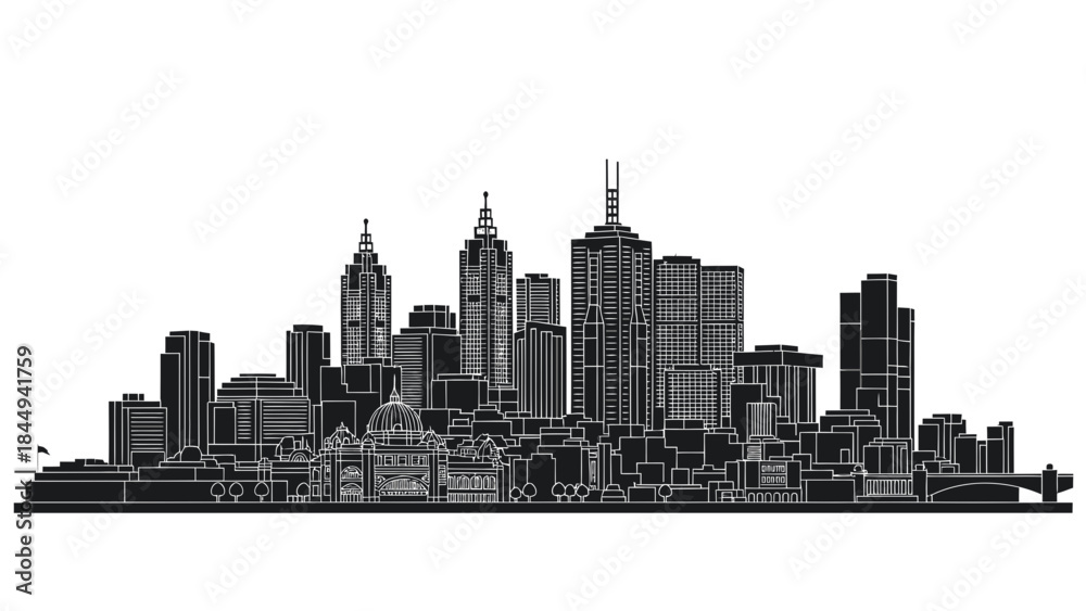 Naklejka premium Detailed vector illustration of a modern city skyline, showcasing diverse architectural structures and urban development. A sleek graphic representation of metropolitan life and iconic urban landscape