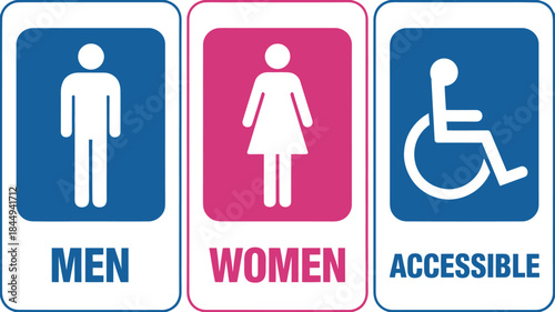 Universal restroom signs with men, women, and accessible symbols in clear graphic style with blue and pink colors for public facility navigation.