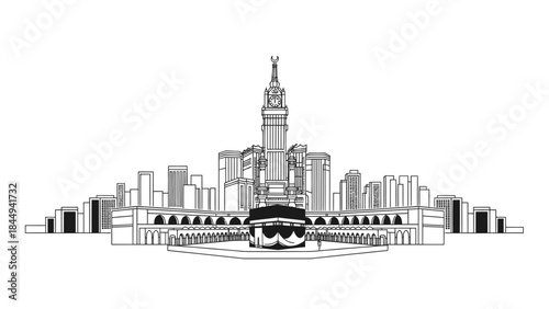 Striking city skyline of Mecca, Saudi Arabia, featuring the iconic Kaaba and modern architecture, a serene depiction
