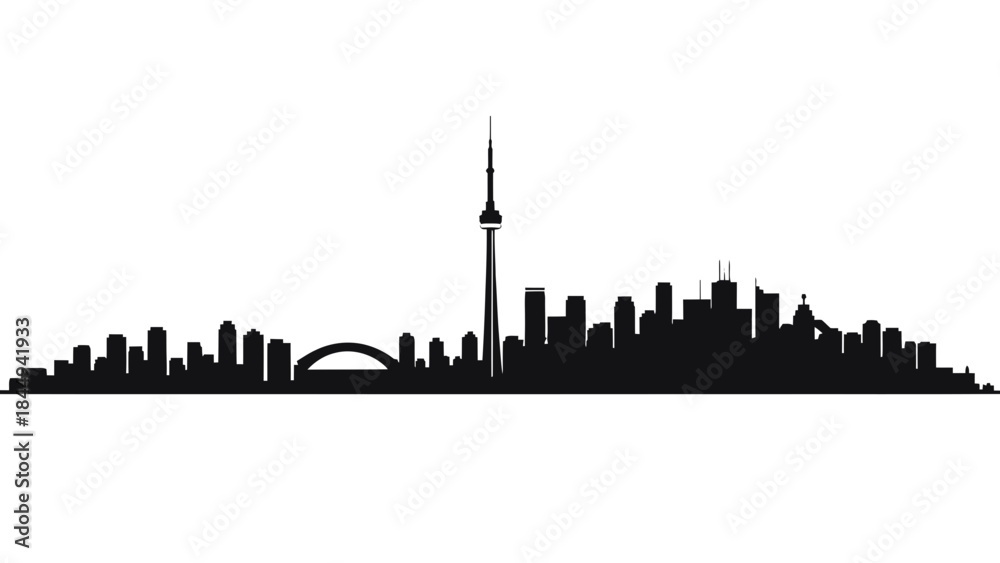 Naklejka premium Iconic City Skyline Silhouette of Toronto, Canada's Vibrant Metropolis at Dusk