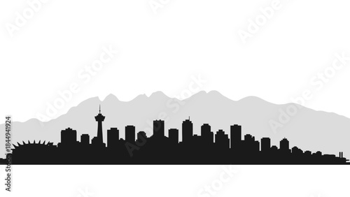 Generic city skyline vector silhouette, featuring modern architecture and a prominent tower. Represents urban life, growth, and development against a majestic mountain backdrop
