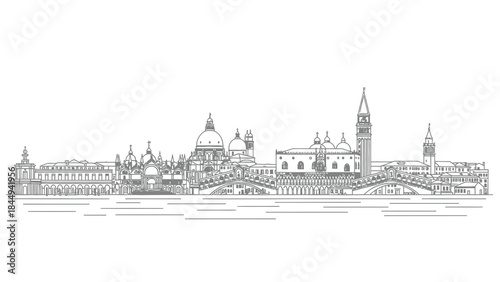Iconic city skyline illustration of Venice, Italy, featuring famous landmarks and architecture