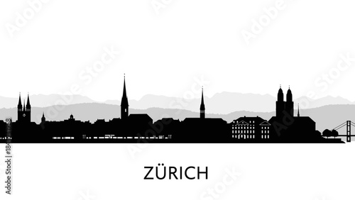 Iconic city skyline silhouette of Zurich, Switzerland, showcasing its architectural landmarks against a mountainous backdrop