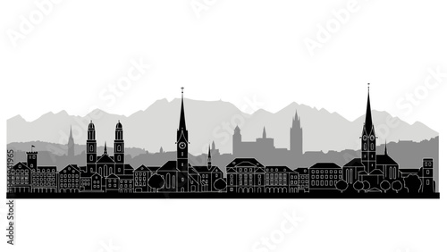 Serene city skyline silhouette against majestic mountain backdrop