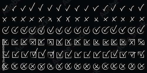 Grunge crayons drawn tick and cross symbols set. Chalk stroke green and red handwriting checkbox wrong right choice marks with rough texture vector graphic