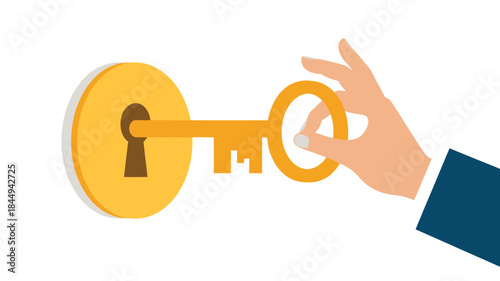 Hand Inserting Golden Key into Keyhole, Flat Design Illustration with Bright White Background for Business Solutions.