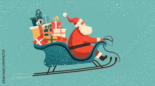 Santa Christmas sleigh full of gifts snow festive winter scene turquoise background holiday celebration