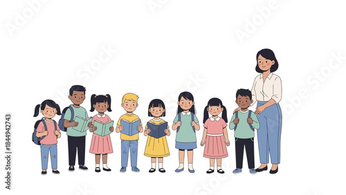 International Education Day Flat Vector Illustration of Standing Children with Books, School Bags, and Female Teacher