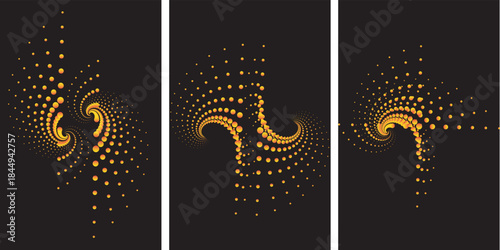 Three panels displaying swirling golden particles against a dark background