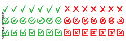 Grunge crayons drawn tick and cross symbols set. Chalk stroke green and red handwriting checkbox wrong right choice marks with rough texture vector graphic