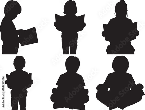 children silhouettes reading books