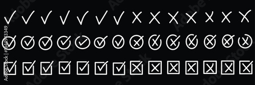 Print Check tick mark icon set. Cross box x check mark checkbox v list vector draw hand drawn sketch doodle brush marker checklist symbol wrong right circle. Green checkmark marker icon. brush marker 