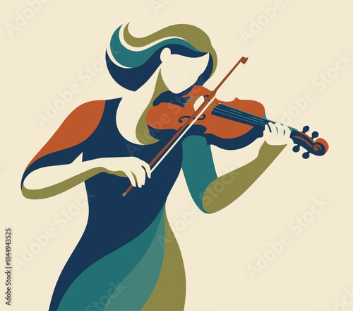 Flat vector illustration of a violinist in performance, elegant posture, limited solid colour palette, smooth shapes, contemporary flat vector style,
