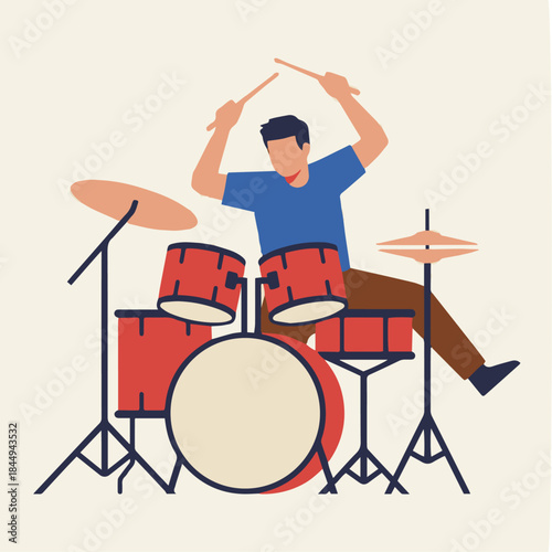 Flat vector illustration of a drummer performing, dynamic motion pose, solid colour blocks, flat design, no shadows, no gradients, minimalist vector illustration
