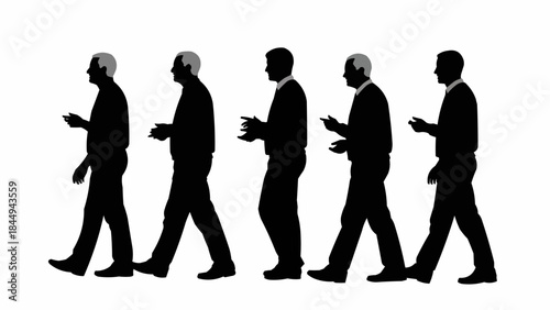Silhouettes of five elderly men walking in a line.