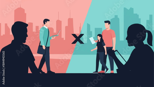 People interacting and not interacting in urban settings illustration.