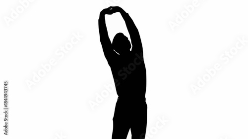 Silhouette of a person stretching arms upwards against a white background.