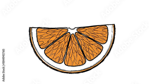 A vibrant slice of fresh orange fruit with visible segments and texture.