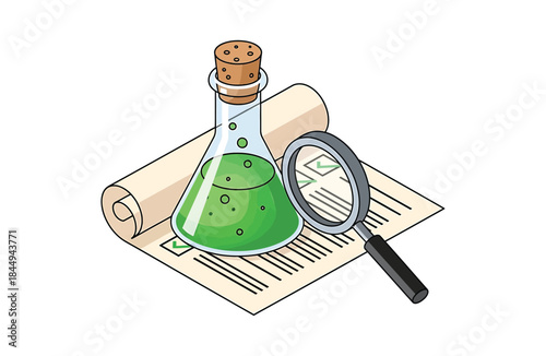 Laboratory Flask with Green Liquid, Magnifying Glass, and Checklist Science Research Concept