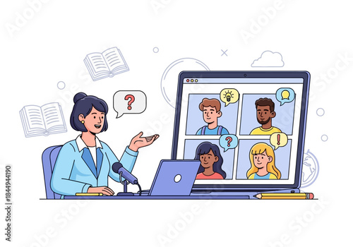 Smiling woman leading virtual lesson gesturing speaking into microphone diverse students on laptop screen.