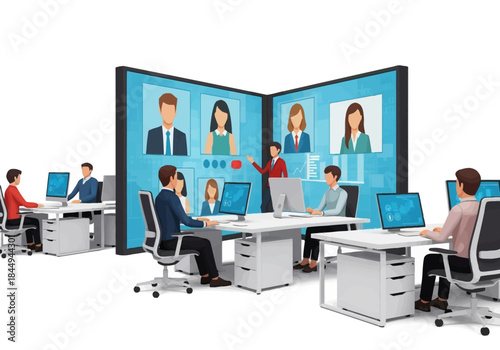 Modern office team collaborating on a large video conference screen featuring diverse professional avatars.