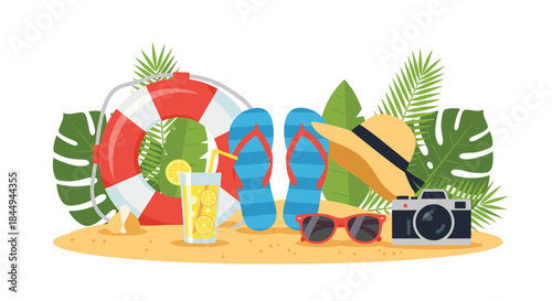 Summer vacation essentials including a lifebuoy, flip-flops, sunglasses, a hat, and a camera arranged on a sandy beach with leaves.
