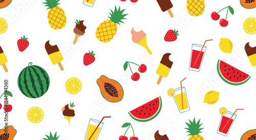 A bright and colorful seamless summer pattern with various fruits, ice cream, and drinks scattered on a plain white background.