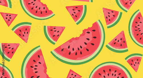 A vibrant seamless pattern of juicy red watermelon slices on a bright yellow background, perfect for fun summer-themed designs.