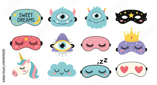 A collection of cute and funny sleeping masks with various designs like unicorns, monsters, crowns, and sweet dreams lettering.