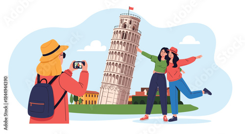 A tourist taking a photo of her two friends posing happily in front of the famous Leaning Tower of Pisa in Italy on vacation.