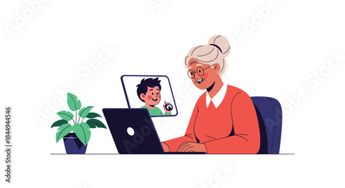 An elderly woman smiling while having a video call on her laptop with her young grandson, connecting with family online.