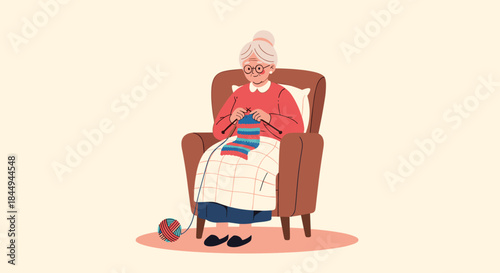 A cozy illustration of a grandmother sitting comfortably in an armchair and knitting, representing a peaceful and traditional hobby.