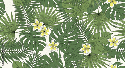 An elegant seamless tropical pattern with detailed green monstera and palm leaves accented by beautiful yellow plumeria flowers.