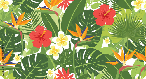A vibrant and colorful seamless pattern of tropical leaves and exotic flowers like hibiscus, plumeria, and bird of paradise.