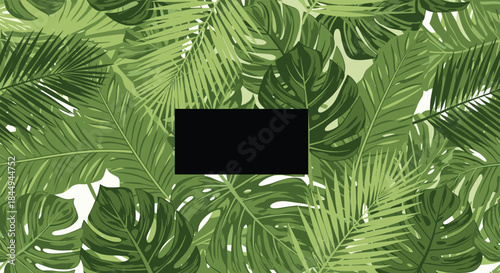 A lush background of green tropical monstera and palm leaves with a solid black rectangular frame in the center for your text.