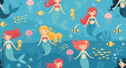 A cute seamless underwater pattern with beautiful mermaids, fish, jellyfish, and seahorses swimming in a magical blue ocean.